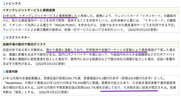 出典）SBI ウェルスナビ（7342）2204 投資判断