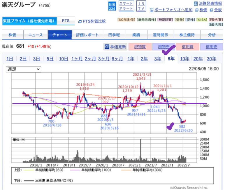 出典）SBI 楽天グループ（4755）1y 220807