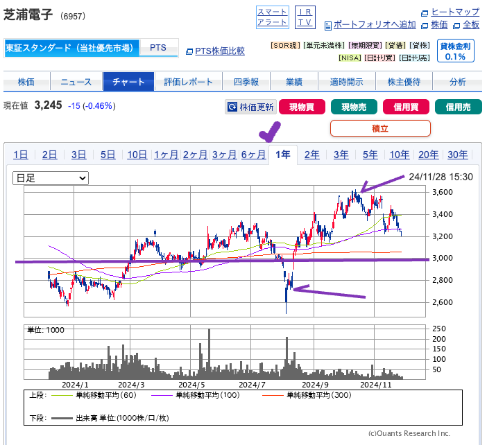 出典）SBI 芝浦電子（6957） 1y 20241128